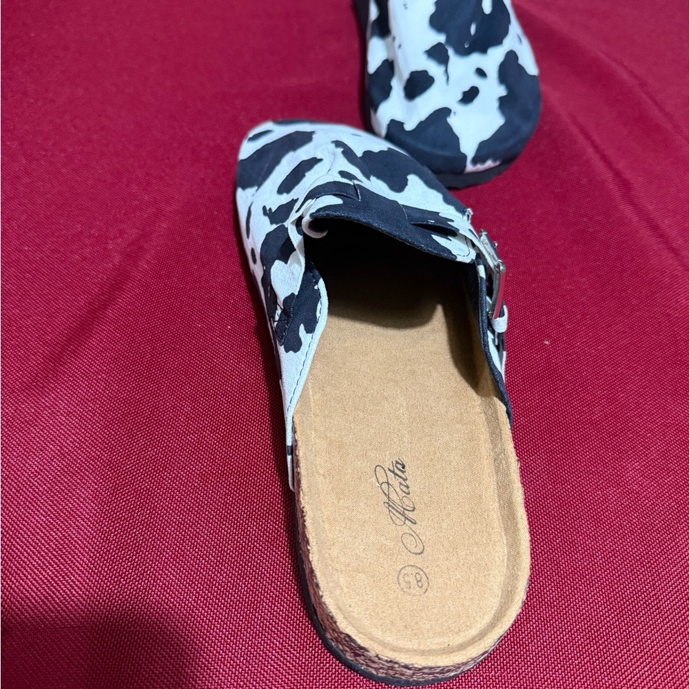 Women's Black and White Cow Print Sandals - Picture 3 of 5